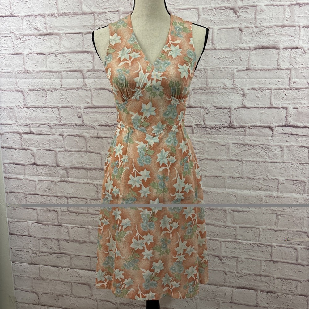 Vintage Dress Floral Sweetheart Sleeveless Peach Blue Terri Juniors Modern XS
